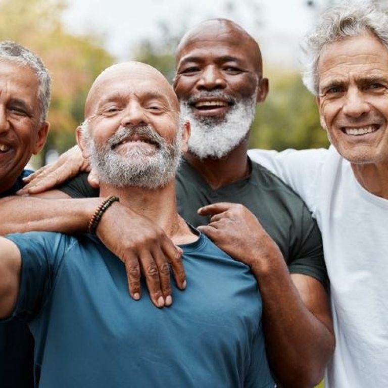 Senior, man group and fitness selfie at park together for elderly health or wellness for happiness smile. Happy retirement, friends portrait or runner club in diversity, teamwork or outdoor training
